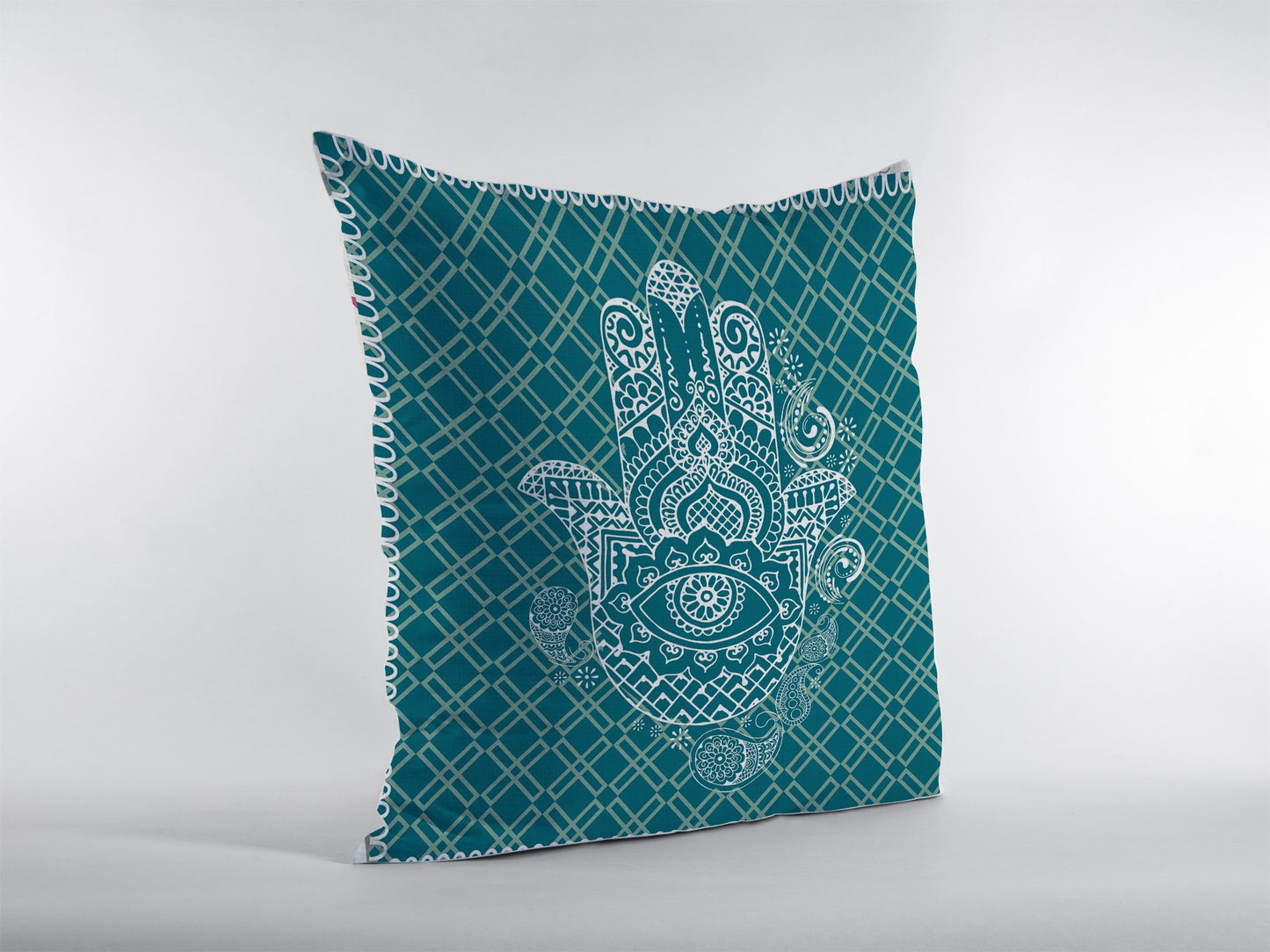 16” Teal White Hamsa Boho Suede Throw Pillow