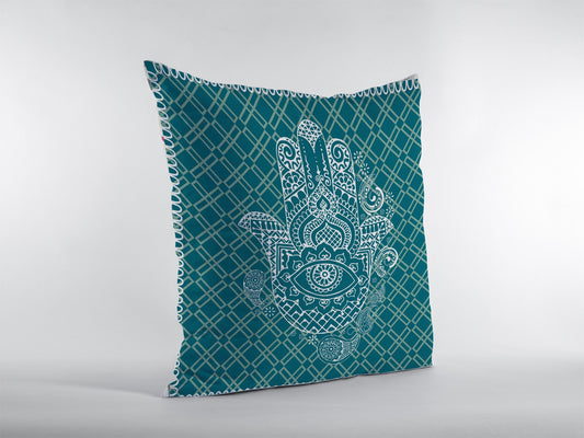 16” Teal White Hamsa Boho Suede Throw Pillow