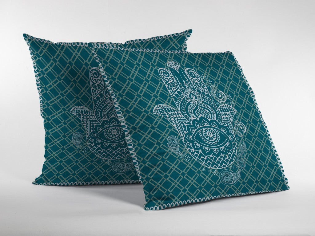 16” Teal White Hamsa Boho Suede Throw Pillow