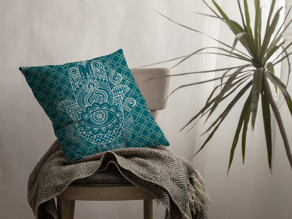 16” Teal White Hamsa Boho Suede Throw Pillow