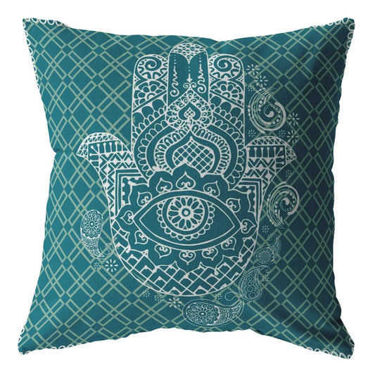 16” Teal White Hamsa Boho Suede Throw Pillow