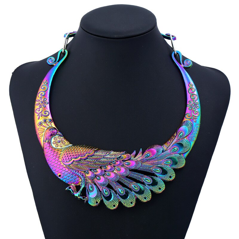 Ethnic Rainbow Peacock Statement Choker Necklace Fashion Big Bohemian Maxi Phoenix Carved Women Jewelery Gift