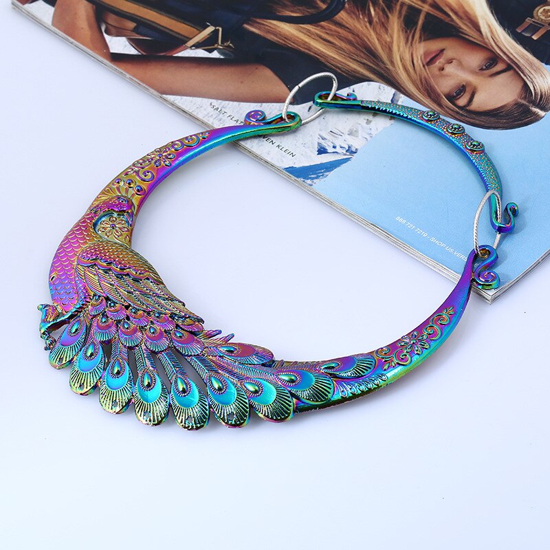 Ethnic Rainbow Peacock Statement Choker Necklace Fashion Big Bohemian Maxi Phoenix Carved Women Jewelery Gift